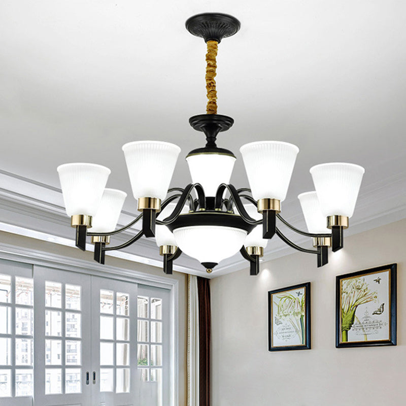 6/8 têtes Conical Chandelier Light Traditional Black Opal Verre suspendue suspendue avec bras incurvé