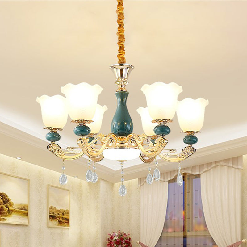 3/6 bulbes de suspension lampe à fleurs classiques en verre opal en verre pendant en verre avec un bras à baldarie en vert pour le salon