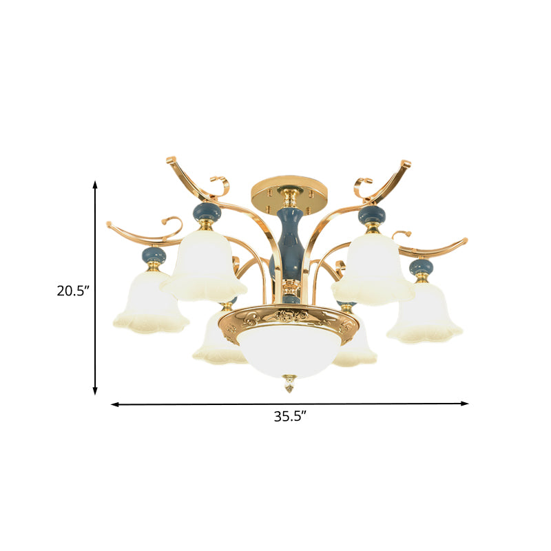 Goldene schalenartige Halbfluschenhalterung traditioneller Metallic 6-Bulb-Schlafzimmer Flush-Kraut mit opalweißem Glasschatten
