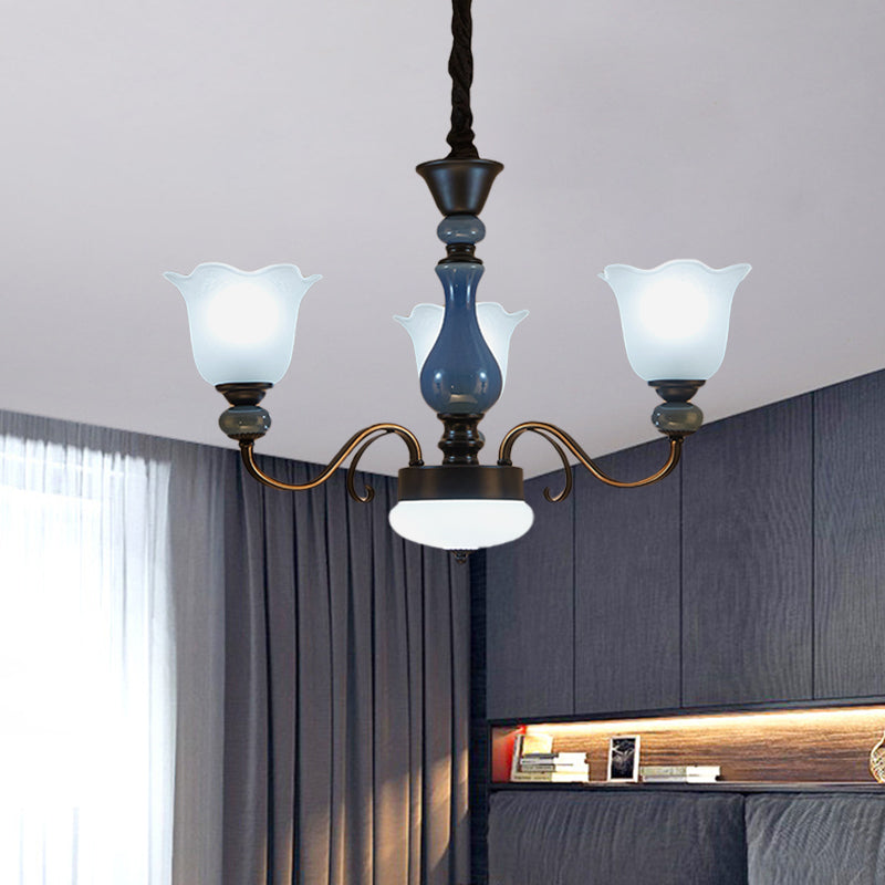 Blue Floral Shape Hanging Chandelier Countryside Milk Glass 3 Bulbs Dining Room Pendant Light Kit with Swirled Arm