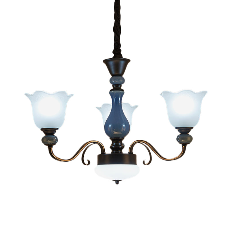 Blue Floral Shape Hanging Chandelier Countryside Milk Glass 3 Bulbs Dining Room Pendant Light Kit with Swirled Arm