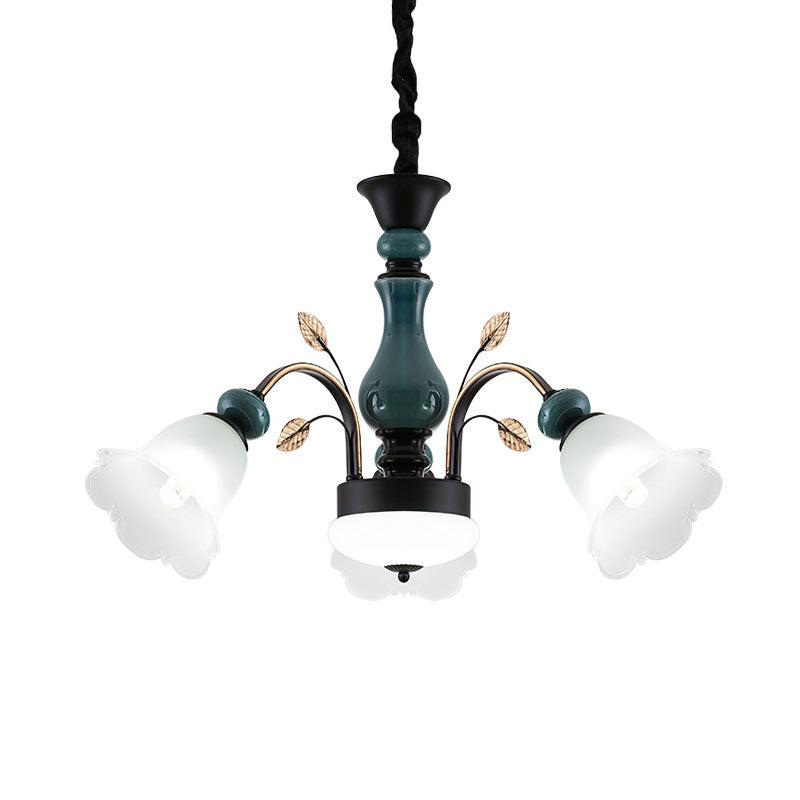 Kom metaal omlaag hangdoek kroonluchter platteland 3-lichts eetkamer hangende lamp met bloei opaline glazen schaduw in groen