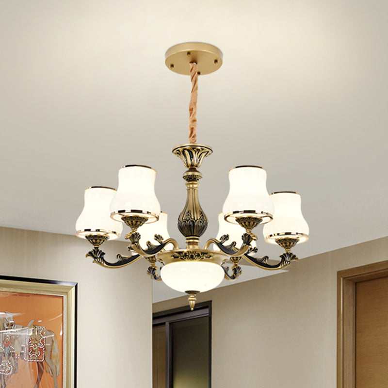 Minimalisme trompet hanglamp 3/6 lampen melkachtig glas hangende kroonluchter met bochtige arm in zwart-goud voor woonkamer