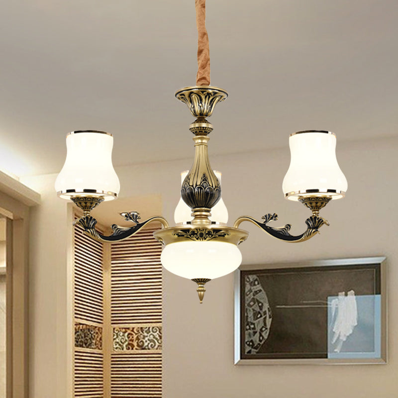 Minimalisme trompet hanglamp 3/6 lampen melkachtig glas hangende kroonluchter met bochtige arm in zwart-goud voor woonkamer