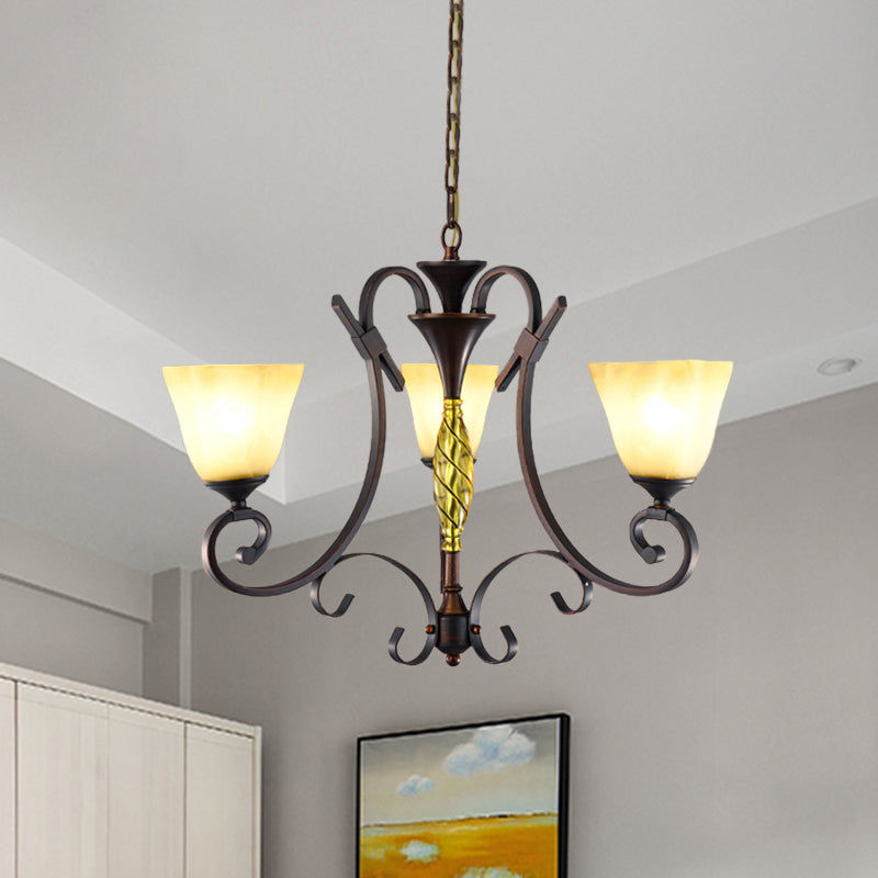Opal Glass Bell Suspension Lighting Vintage 3-Light woonkamer Kroonluchter met gebladerde arm in brons
