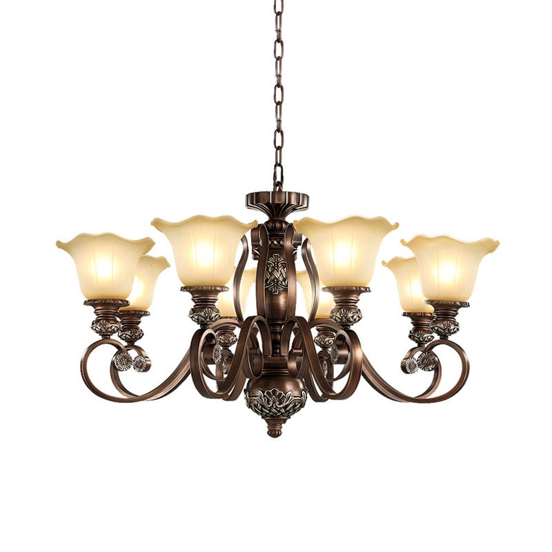 Platteland bloei hanger kroonluchter 8 lampen opaline glashangende lamp met gechrolde arm in brons voor woonkamer