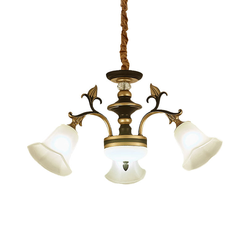 Black-Gold Flower-Like Suspension Lighting Traditional Milky Glass 3/6/8 Heads Dining Room Down Hanging Chandelier