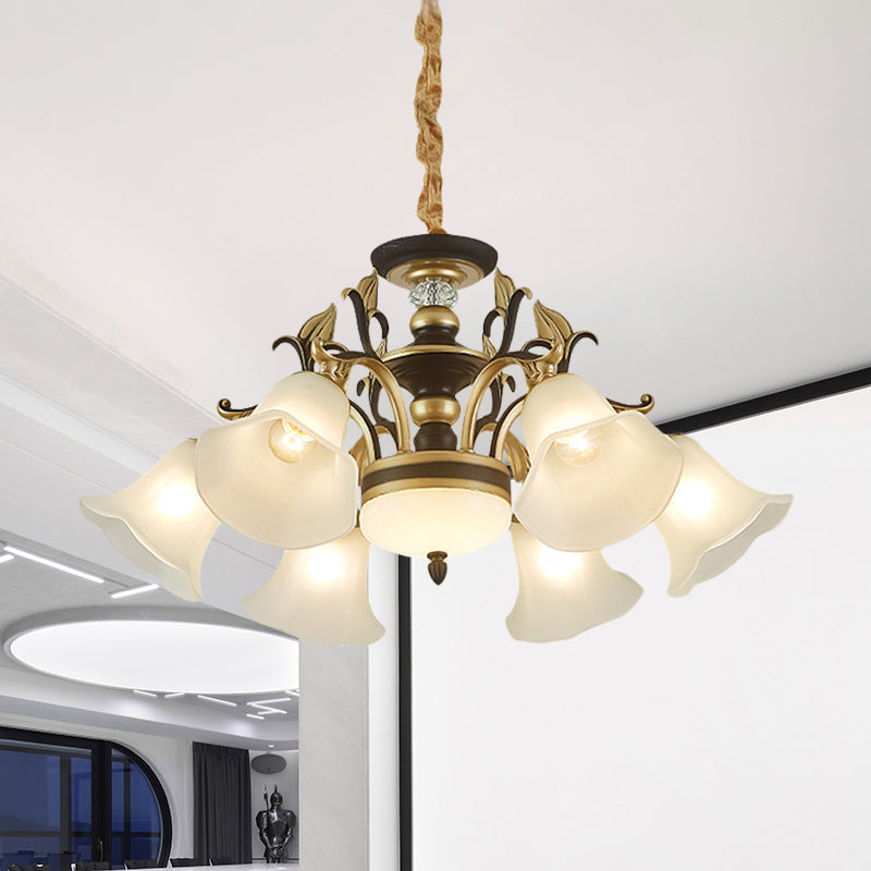 Black-Gold Flower-Like Suspension Lighting Traditional Milky Glass 3/6/8 Heads Dining Room Down Hanging Chandelier