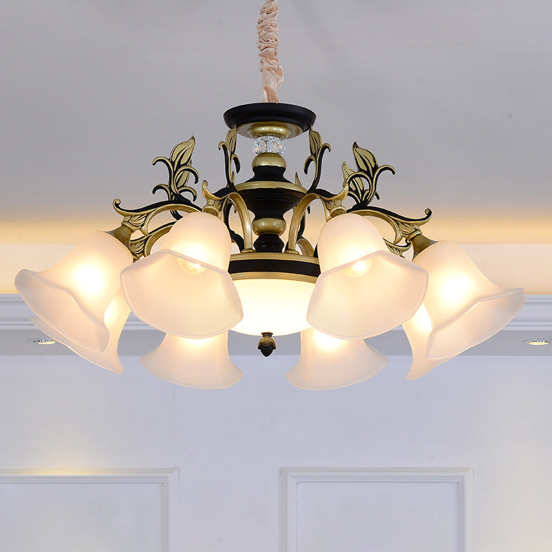 Black-Gold Flower-Like Suspension Lighting Traditional Milky Glass 3/6/8 Heads Dining Room Down Hanging Chandelier