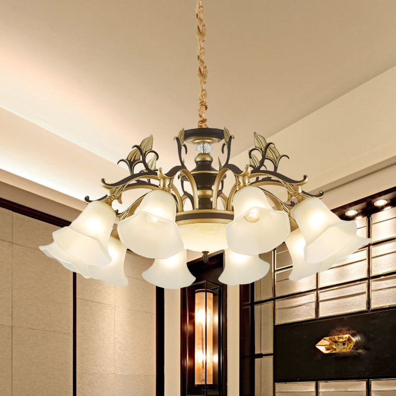 Black-Gold Flower-Like Suspension Lighting Traditional Milky Glass 3/6/8 Heads Dining Room Down Hanging Chandelier