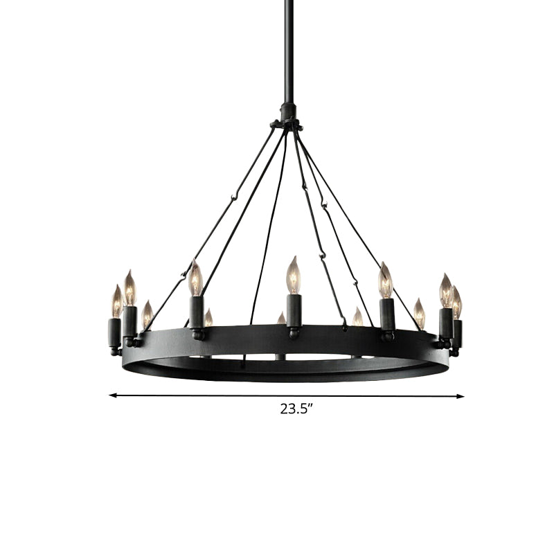 Candle Iron Suspension Lamp Countryside 12-Head Coffee Shop Wagon Wheel Kroonluchter verlichting in zwart