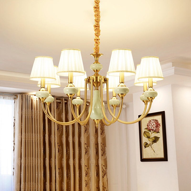 Gouden taps toelopende geplooide hanger Kroonluchter Traditionele stof 8-lichte eetkamer hangende plafondverlichting