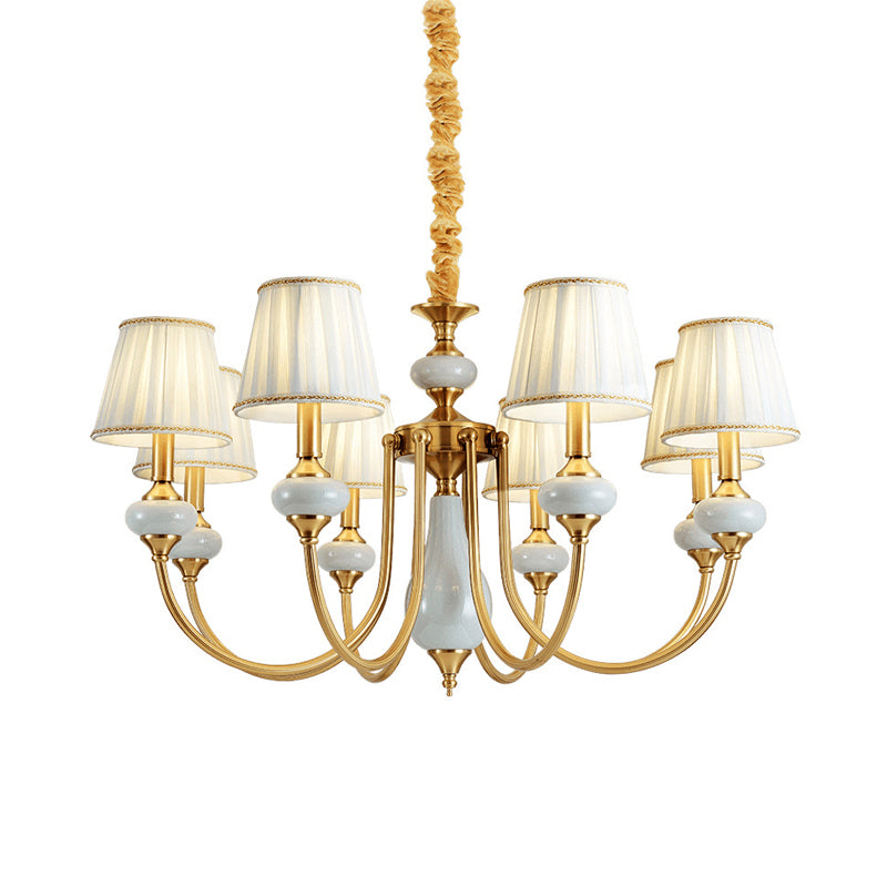 Gouden taps toelopende geplooide hanger Kroonluchter Traditionele stof 8-lichte eetkamer hangende plafondverlichting