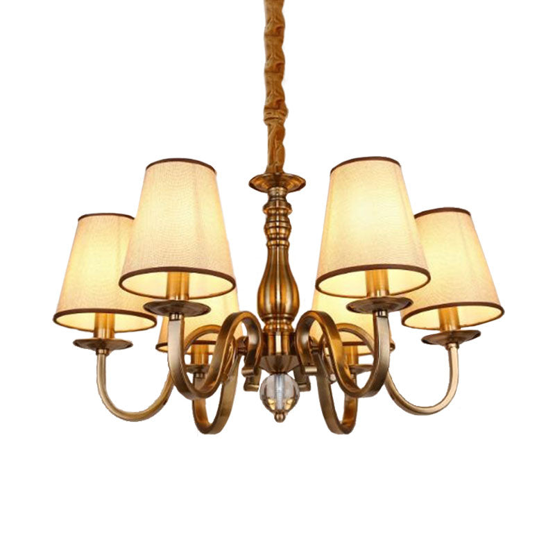 Vintage Cone Suspension Light 6/8 Bulbs Fabric Hanging Chandelier with Curving Arm in Brass for Living Room