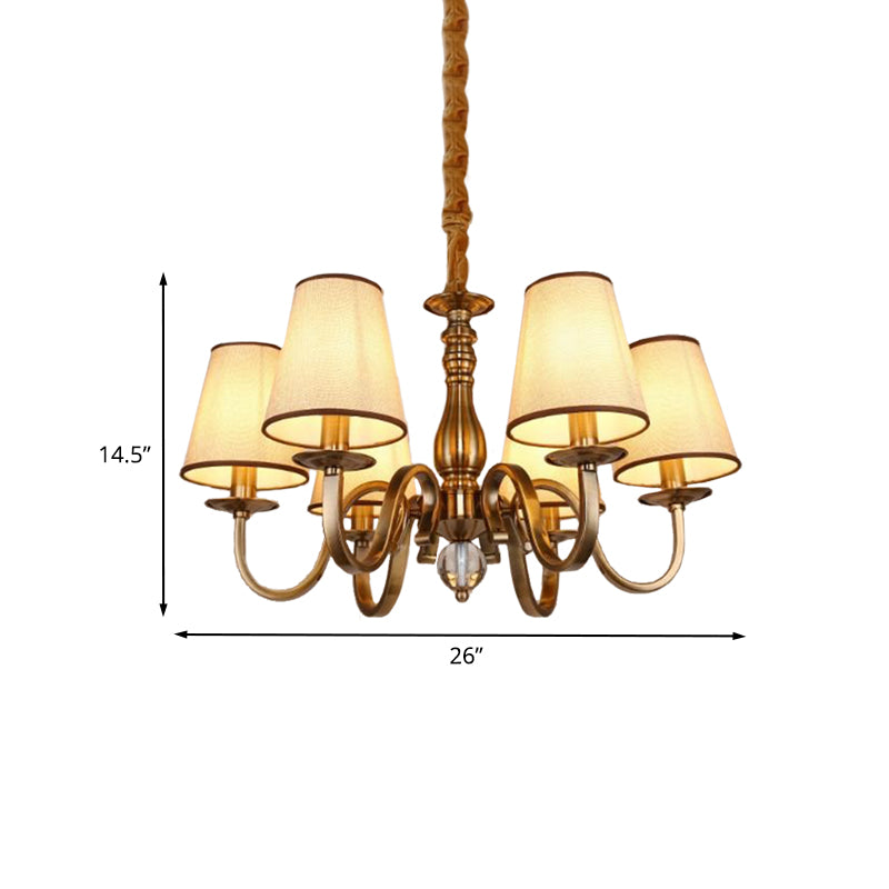 Vintage Cone Suspension Light 6/8 Bulbs Fabric Hanging Chandelier with Curving Arm in Brass for Living Room