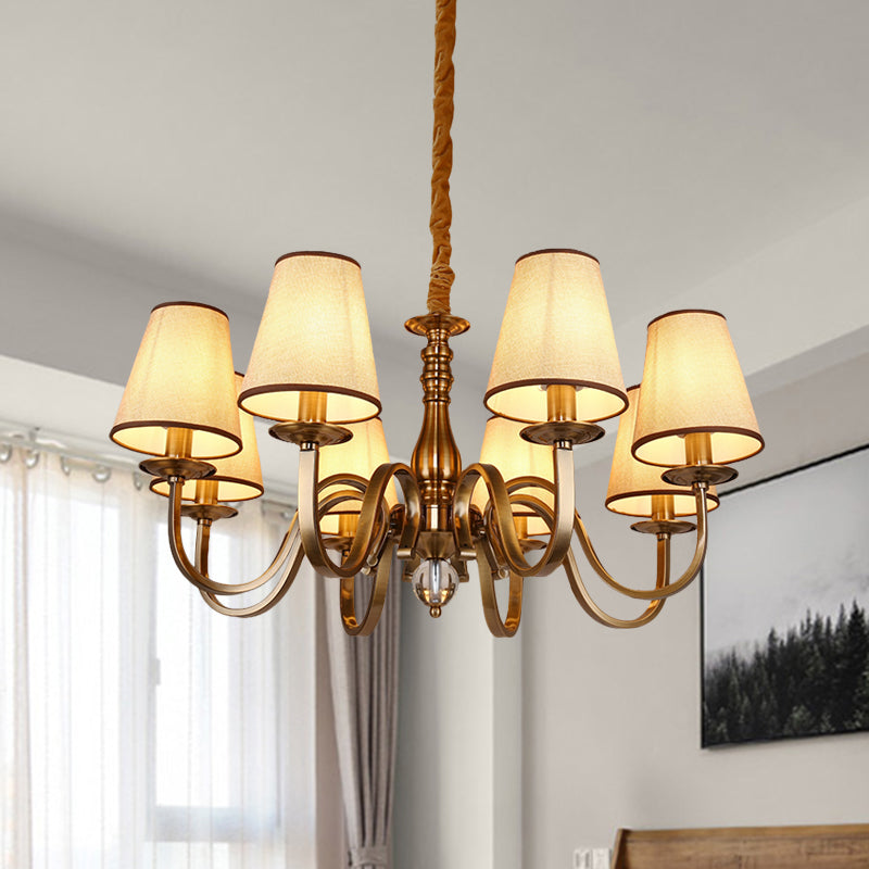 Vintage Cone Suspension Light 6/8 Bulbs Fabric Hanging Chandelier with Curving Arm in Brass for Living Room