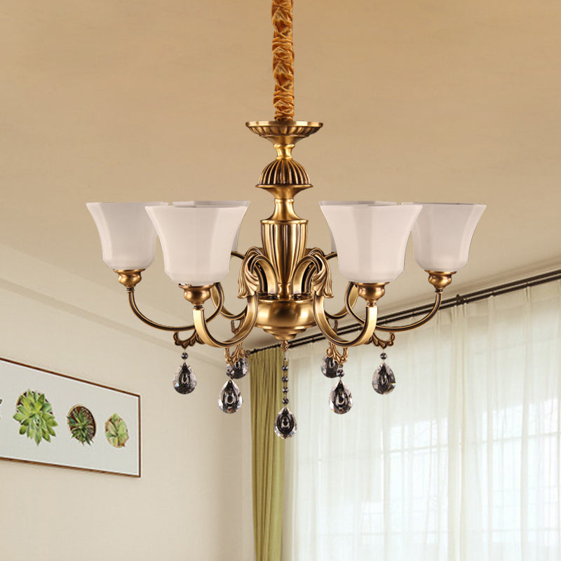 6-Bulb Chandelier with Bell Shade Frosted Glass Classic Hallway Ceiling Suspension Lamp in Brass