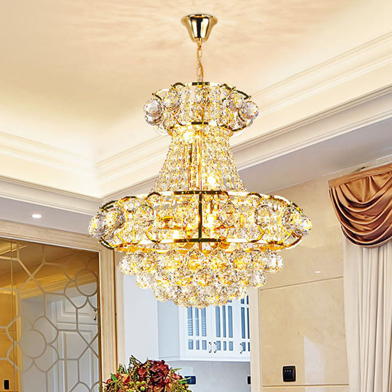 Crystal Raindrop Tapered Ceiling Light Luxury 6-Head Guest Room Pendant Chandelier in Gold