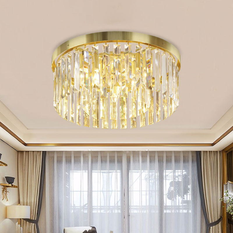 6 Bulbs Crystal Block Flush Mount Lamp Simplicity Brass Drum Guest Room Ceiling Light Fixture