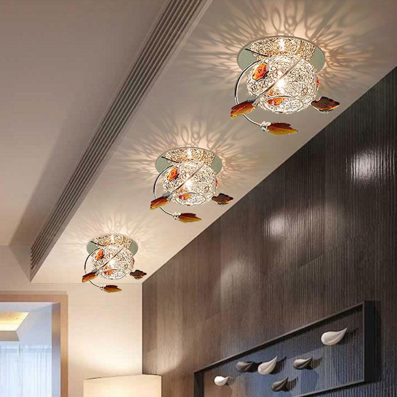 Leaf Corridor Flushmount Light Modernism Faceted Tan Crystal 1 Light Lighting Fixture with Globe Cage Shade