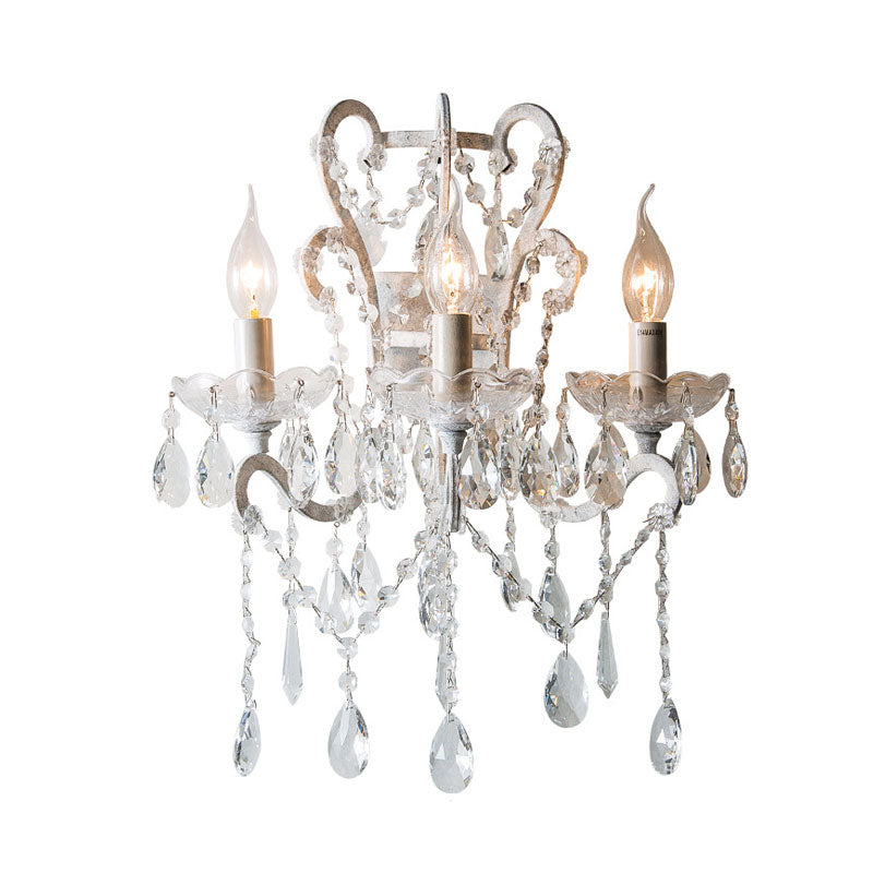 Candlestick Crystal Teardrop Wall Light Sconce Simple 3 Bulbs Dining Room Wall Lighting Idea in White