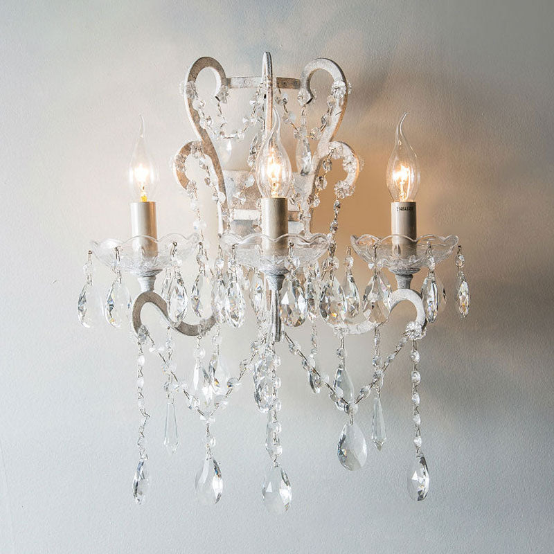 Candlestick Crystal Teardrop Wall Light Sconce Simple 3 Bulbs Dining Room Wall Lighting Idea in White