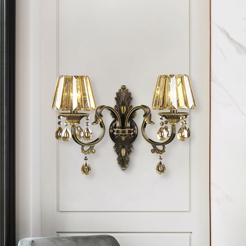 2 Bulbs Draping Crystal Teardrop Sconce Light Modern Amber Tapered Living Room Wall Mounted Lighting