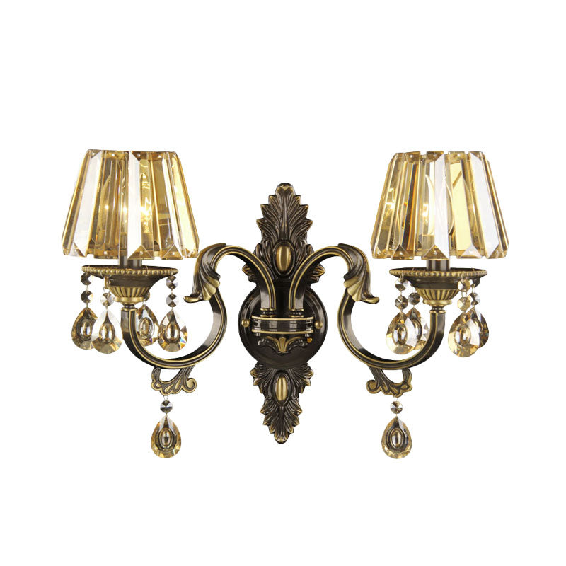 2 Bulbs Draping Crystal Teardrop Sconce Light Modern Amber Tapered Living Room Wall Mounted Lighting