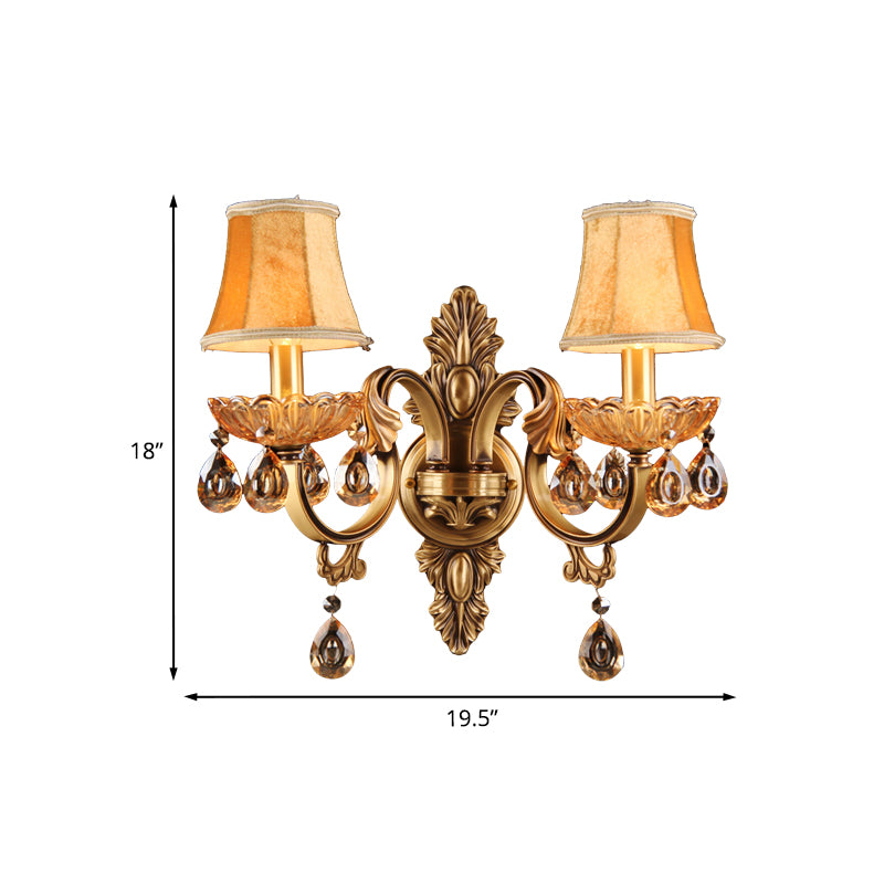 Crystal Raindrop Fabric Shade Sconce Countryside Bedroom Wall Éclairage mural en laiton