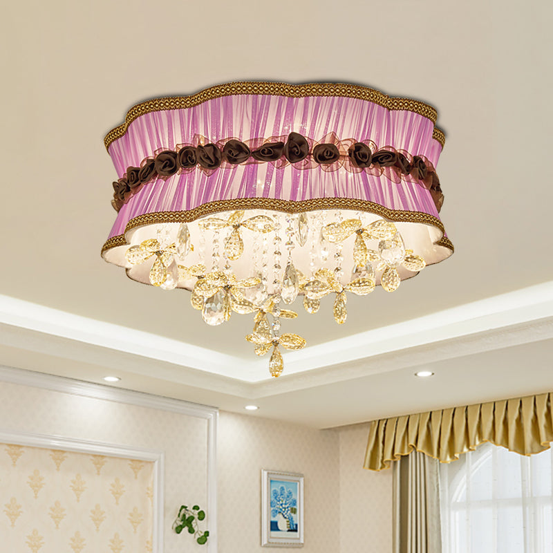 Coffee/Pink 6-Bulb Flushmount Light Nordic Faceted Crystal Final Flower Pattern Close to Ceiling Lighting with Sheer Fabric Shade