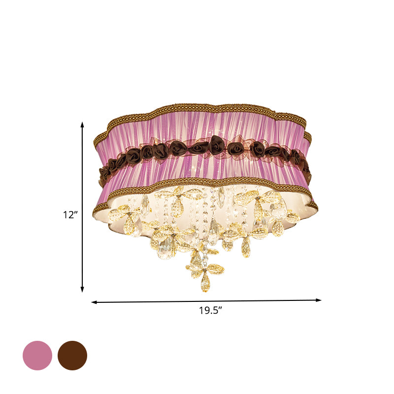 Coffee/Pink 6-Bulb Flushmount Light Nordic Faceted Crystal Final Flower Pattern Close to Ceiling Lighting with Sheer Fabric Shade