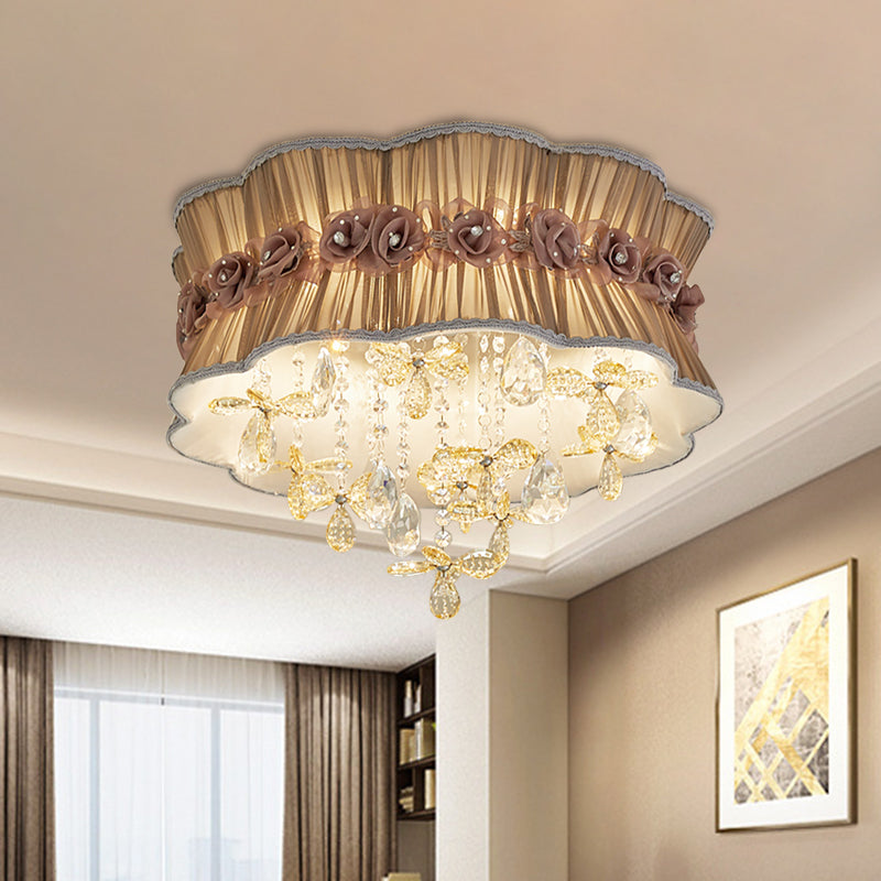 Coffee/Pink 6-Bulb Flushmount Light Nordic Faceted Crystal Final Flower Pattern Close to Ceiling Lighting with Sheer Fabric Shade