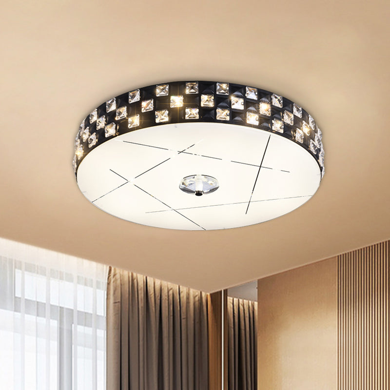 Beveled Crystal Drum Flushmount Simple LED Guest Room Close to Ceiling Lighting Fixture in Black