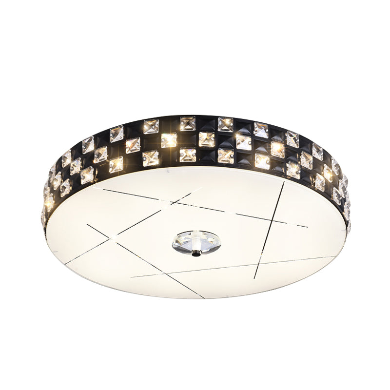 Beveled Crystal Drum Flushmount Simple LED Guest Room Close to Ceiling Lighting Fixture in Black
