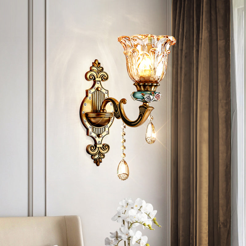 1-Head Sconce Light Fixture Simple Floral Design Crystal Prism Wall Lighting Idea in Brass