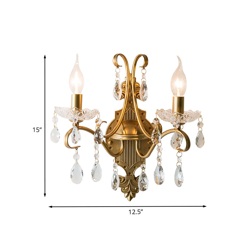 2 Bulbs Wall Light Fixture Traditional Candlestick Draping Crystal Raindrop Sconce Light in Gold