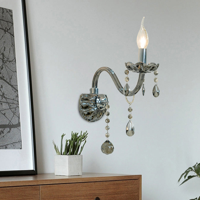 Crystal Teardrop Smoke Grey Wall Sconce Candlestick 1/2-Bulb Traditional Wall Mount Light