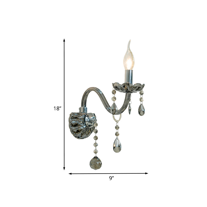 Crystal Teardrop Smoke Grey Wall Sconce Candlestick 1/2-Bulb Traditional Wall Mount Light