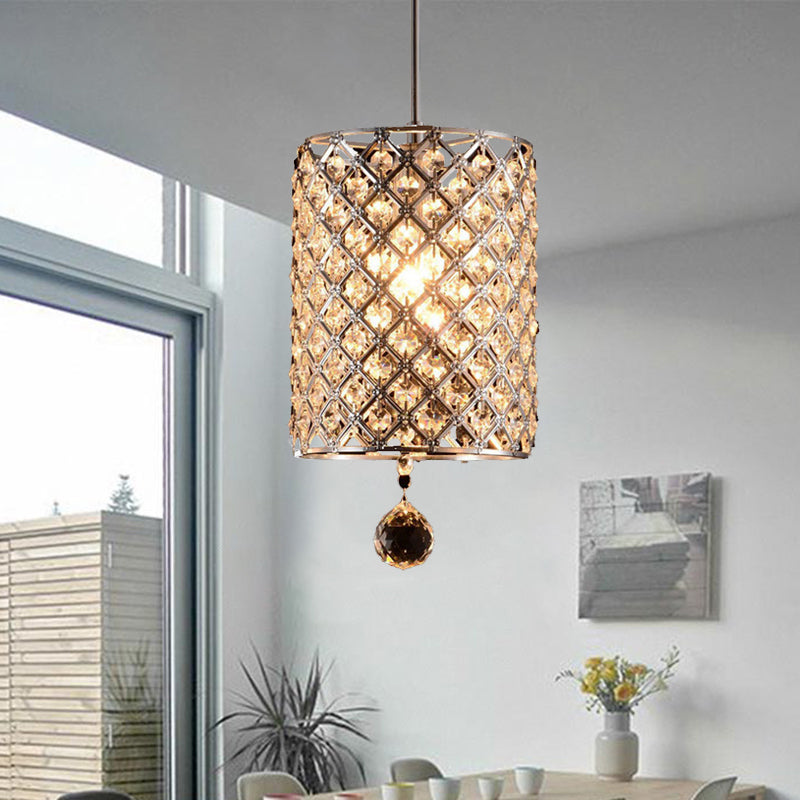 Faceted Crystal Finial Cylindrical Hanging Pendant Modern 1 Head Living Room Ceiling Lamp in Silver
