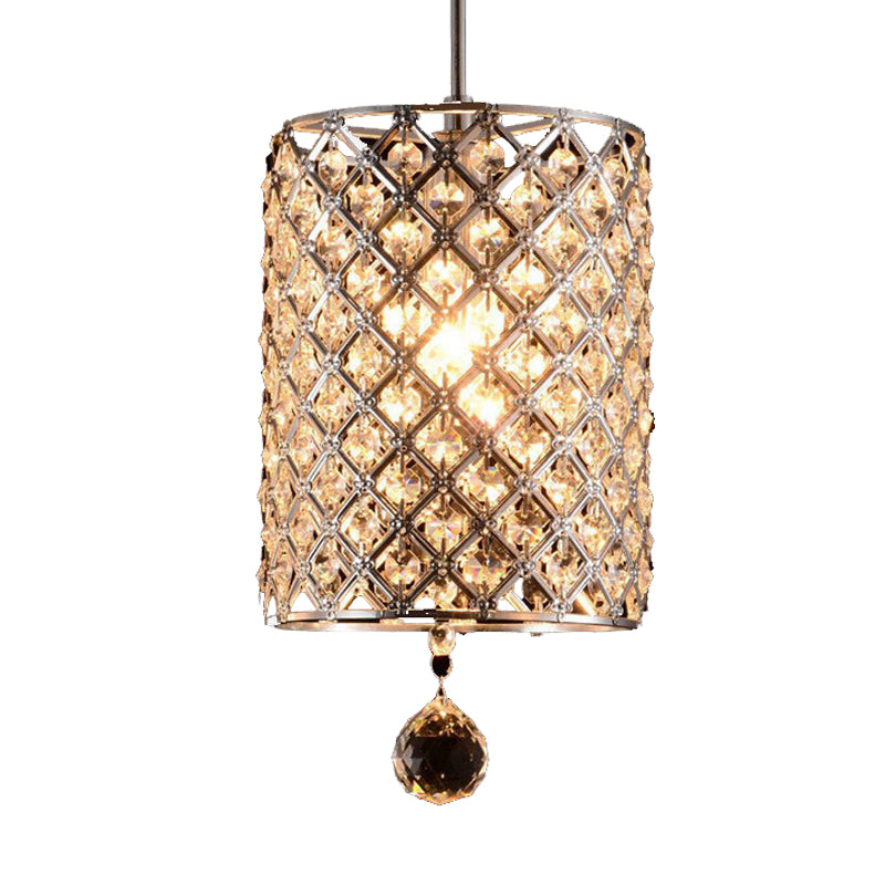 Faceted Crystal Finial Cylindrical Hanging Pendant Modern 1 Head Living Room Ceiling Lamp in Silver