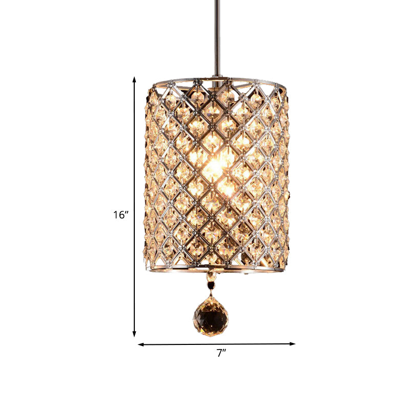 Faceted Crystal Finial Cylindrical Hanging Pendant Modern 1 Head Living Room Ceiling Lamp in Silver