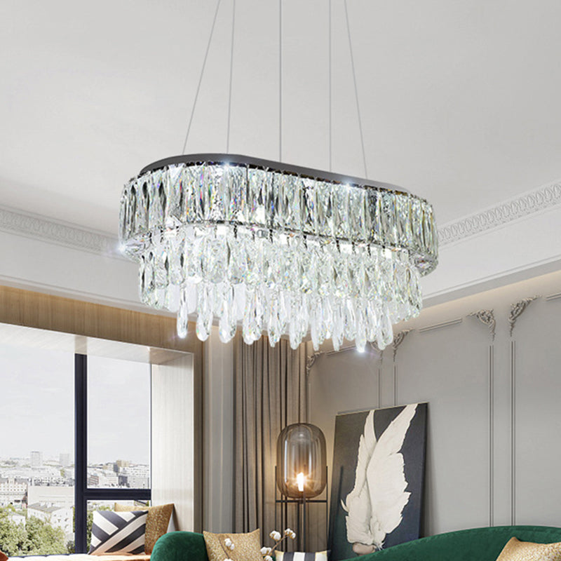 11 Bulbs Crystal Drip Island Pendant Light Contemporary Silver Oval Guest Room Hanging Light Kit