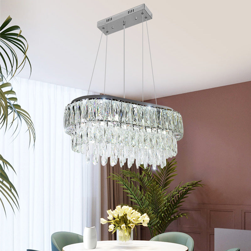 11 Bulbs Crystal Drip Island Pendant Light Contemporary Silver Oval Guest Room Hanging Light Kit