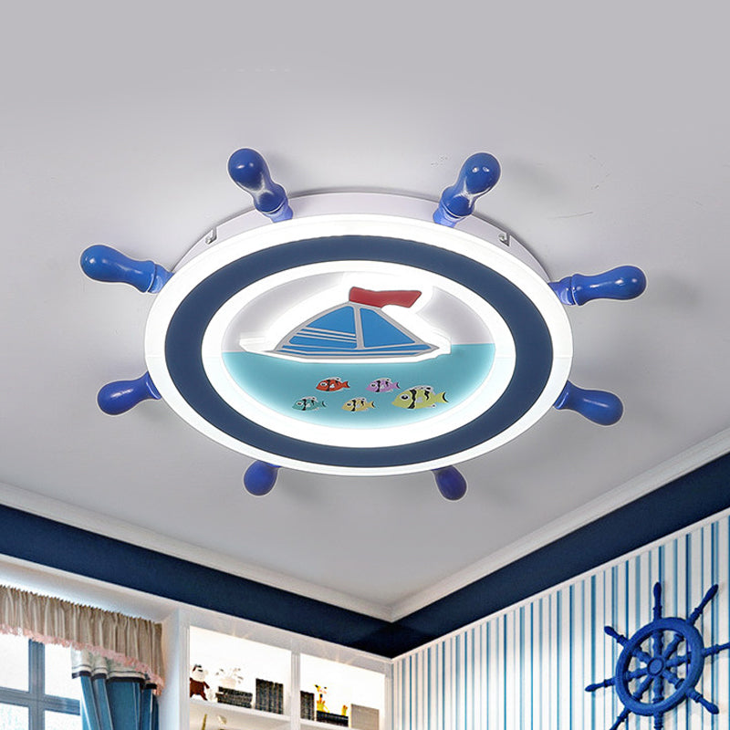 Nautical Rudder Flush Mount Pendant Fixture Acrylic LED Bedroom Ceiling Lighting with Sailboat Pattern in Blue and White