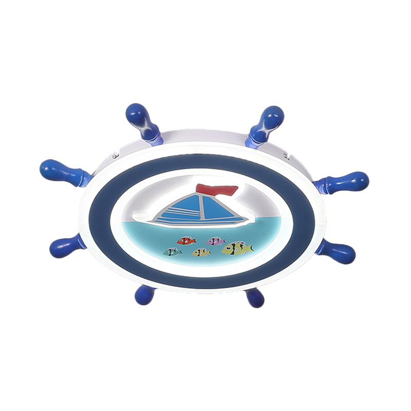 Nautical Rudder Flush Mount Pendant Fixture Acrylic LED Bedroom Ceiling Lighting with Sailboat Pattern in Blue and White