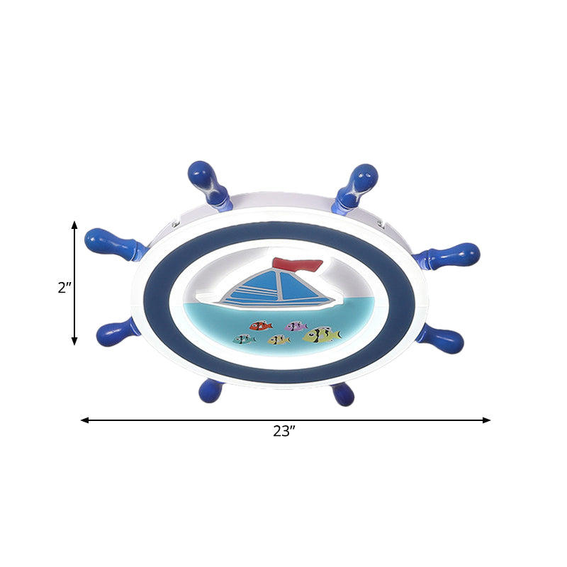 Nautical Rudder Flush Mount Pendant Fixture Acrylic LED Bedroom Ceiling Lighting with Sailboat Pattern in Blue and White