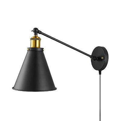 Cone de cono rotativo enchufe en una lámpara de apliques con cable enchufable estilo industrial de 1 cabezal luz de pared de dormitorio en negro