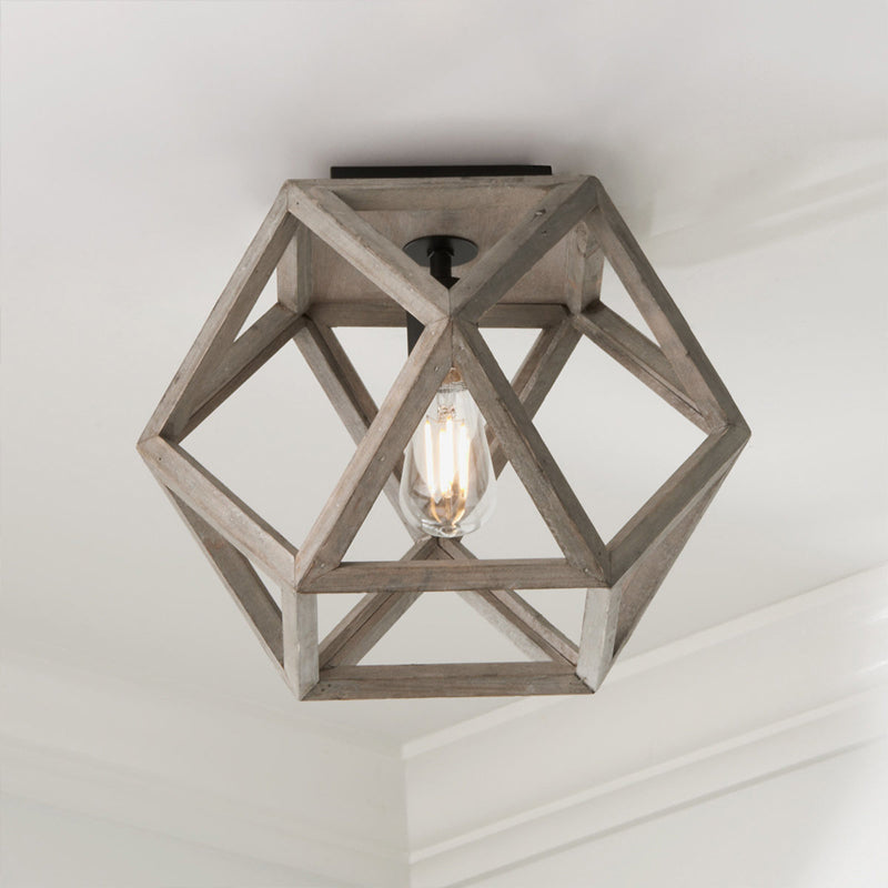 Beige Single Bulb Ceiling Lighting Minimalism Wood Candle-Like Flush Mount Fixture with Pentagon Cage