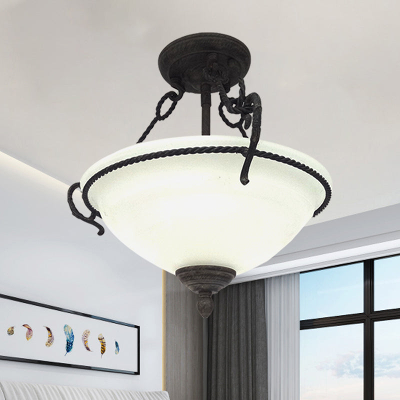 Iluminación de semi-montaje de tazón vintage 3 luces lámpara de araña de vidrio crema de vidrio con detalle de cuerda en negro