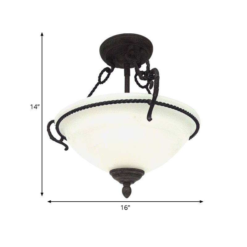 Iluminación de semi-montaje de tazón vintage 3 luces lámpara de araña de vidrio crema de vidrio con detalle de cuerda en negro
